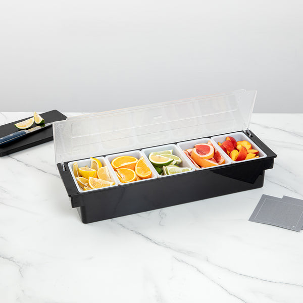 Restaurantware Bar Lux Black Plastic Condiment Caddy - 5 Compartments - 19 1/2" X 6 1/4" X 3 3/4" - 1 Count Box