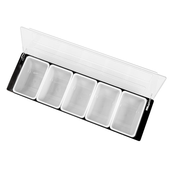 Restaurantware Bar Lux Black Plastic Condiment Caddy - 5 Compartments - 19 1/2" X 6 1/4" X 3 3/4" - 1 Count Box