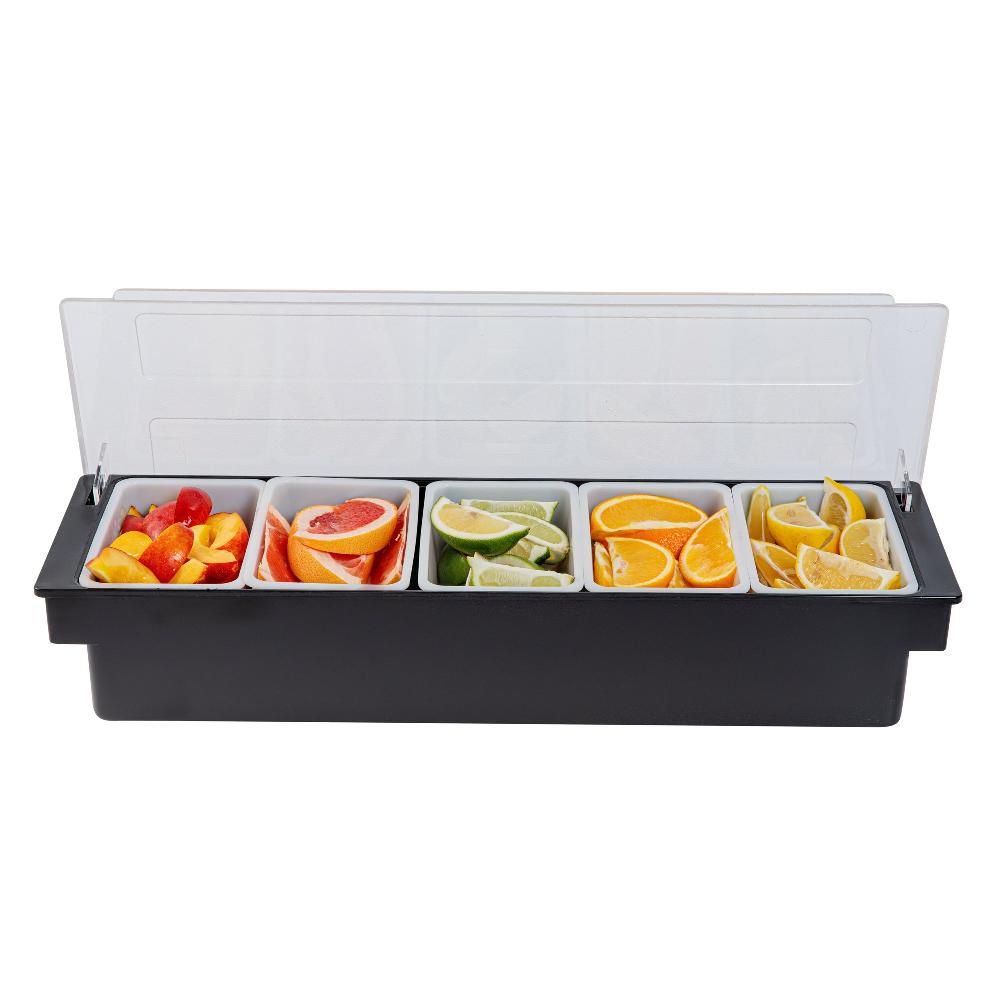 restaurantware Bar Lux Black Plastic Condiment Caddy - 5 Compartments - 19 1/2" x 6 1/4" x 3 3/4" - 1 count box