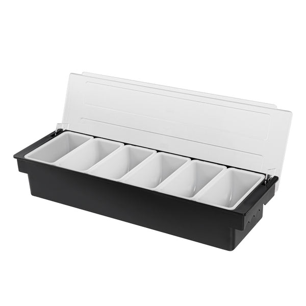Restaurantware Bar Lux Black Plastic Condiment Caddy - 6 Compartments - 19 1/2" X 6 1/4" X 3 3/4" - 1 Count Box