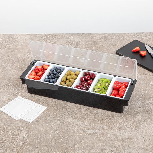 Restaurantware Bar Lux Black Plastic Condiment Caddy - 6 Compartments - 19 1/2" X 6 1/4" X 3 3/4" - 1 Count Box