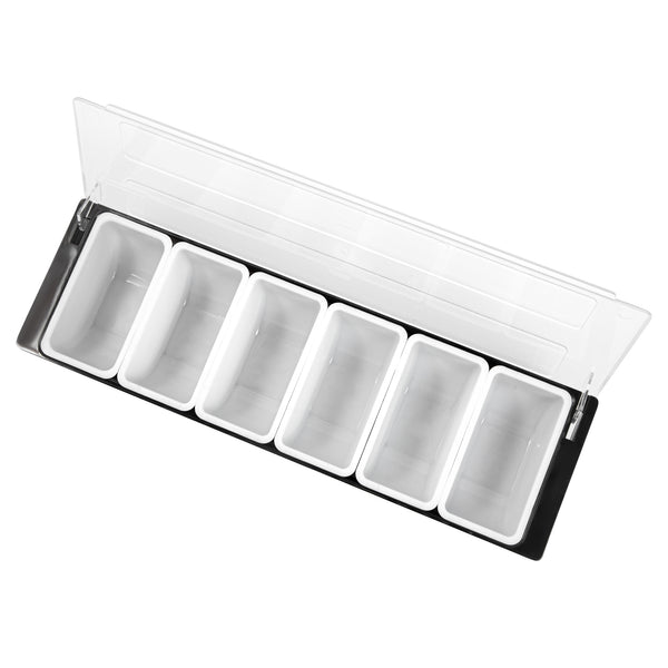 Restaurantware Bar Lux Black Plastic Condiment Caddy - 6 Compartments - 19 1/2" X 6 1/4" X 3 3/4" - 1 Count Box