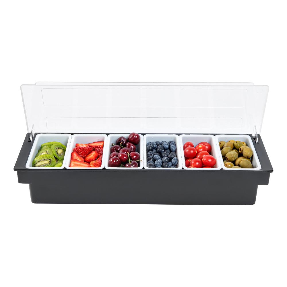 restaurantware Bar Lux Black Plastic Condiment Caddy - 6 Compartments - 19 1/2" x 6 1/4" x 3 3/4" - 1 count box