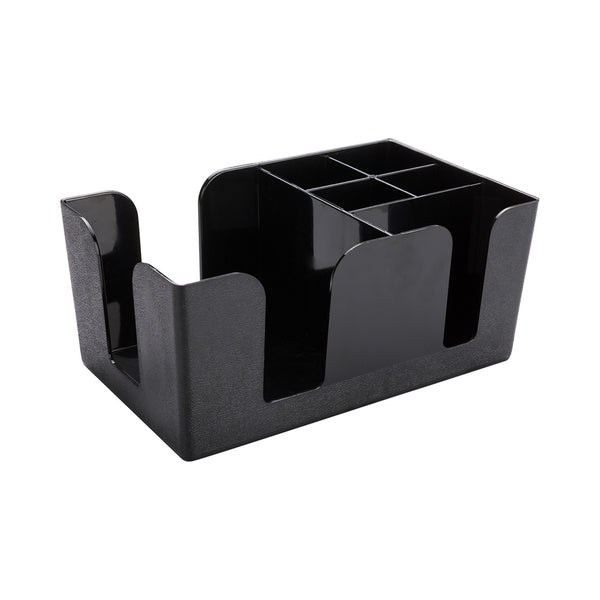 Restaurantware Bar Lux Black Plastic Condiment Caddy Napkin Holder - 6 Compartments Pebbled - 9 1/2" X 5 3/4" X 4 1/4" - 1 Count Box