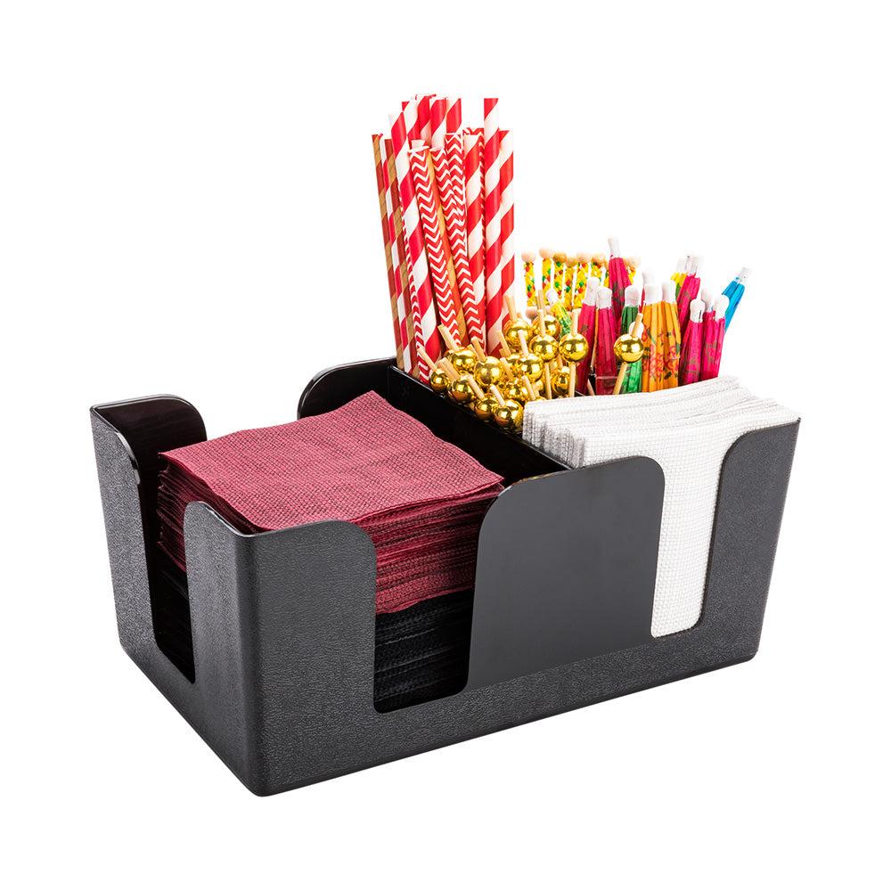 restaurantware Bar Lux Black Plastic Condiment Caddy Napkin Holder - 6 Compartments Pebbled - 9 1/2" x 5 3/4" x 4 1/4" - 1 count box