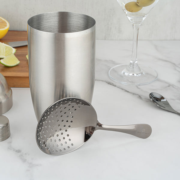Restaurantware Bar Lux Black-Plated Stainless Steel Julep Strainer - 6 1/2" - 1 Count Box