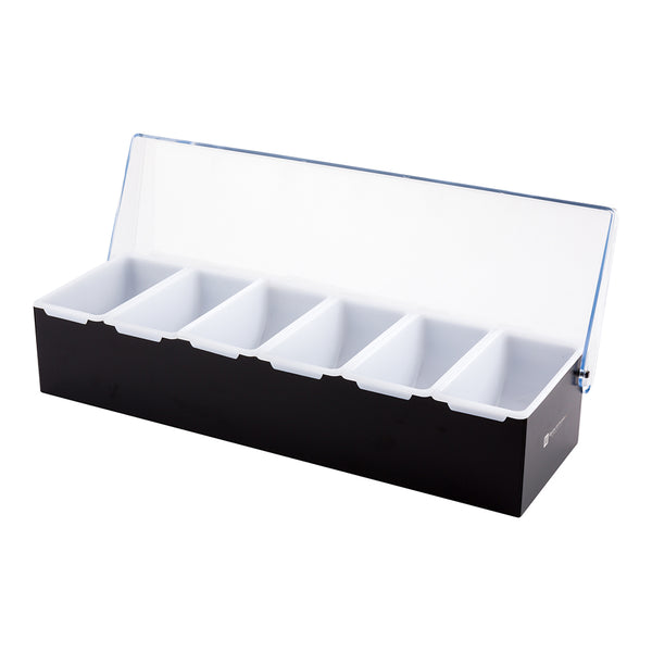 Restaurantware Bar Lux Black Stainless Steel Condiment Caddy - 6 Plastic Inserts - 18" X 5 3/4" X 4" - 1 Count Box