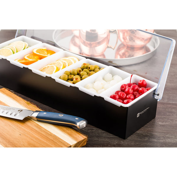 Restaurantware Bar Lux Black Stainless Steel Condiment Caddy - 6 Plastic Inserts - 18" X 5 3/4" X 4" - 1 Count Box