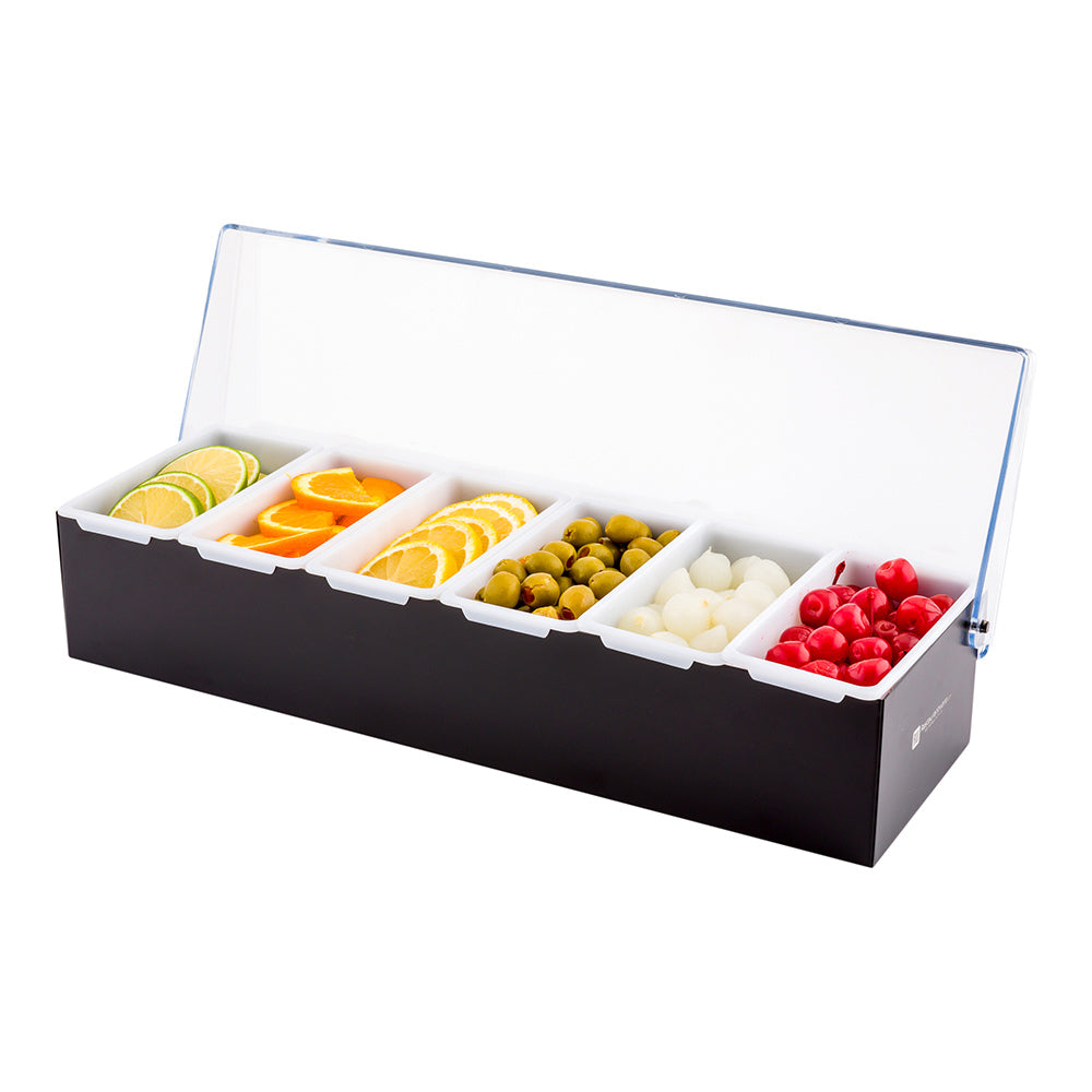 restaurantware Bar Lux Black Stainless Steel Condiment Caddy - 6 Plastic Inserts - 18" x 5 3/4" x 4" - 1 count box