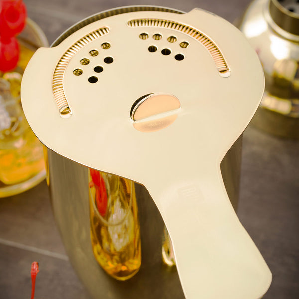 Restaurantware Bar Lux Gold-Plated Stainless Steel Hawthorne Strainer - 6" - 1 Count Box