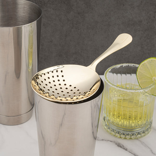 Restaurantware Bar Lux Gold-Plated Stainless Steel Julep Strainer - 6 1/2" - 1 Count Box