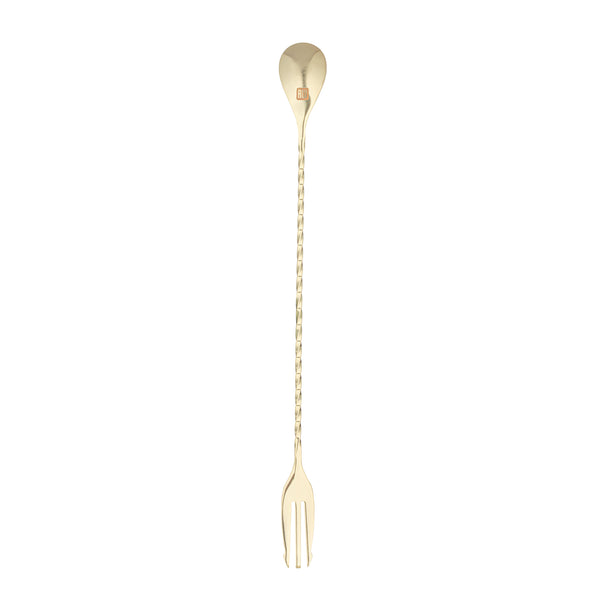Restaurantware Bar Lux Gold-Plated Stainless Steel Trident Barspoon - 12" - 1 Count Box