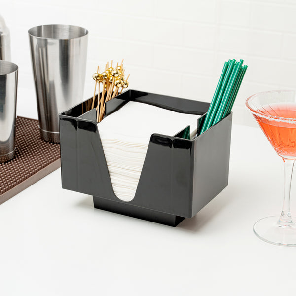 Restaurantware Bar Lux Rectangle Black Plastic Condiment Caddy / Napkin Holder - 3 Compartments - 8" X 5 1/2" X 5 3/4" - 10 Count Box