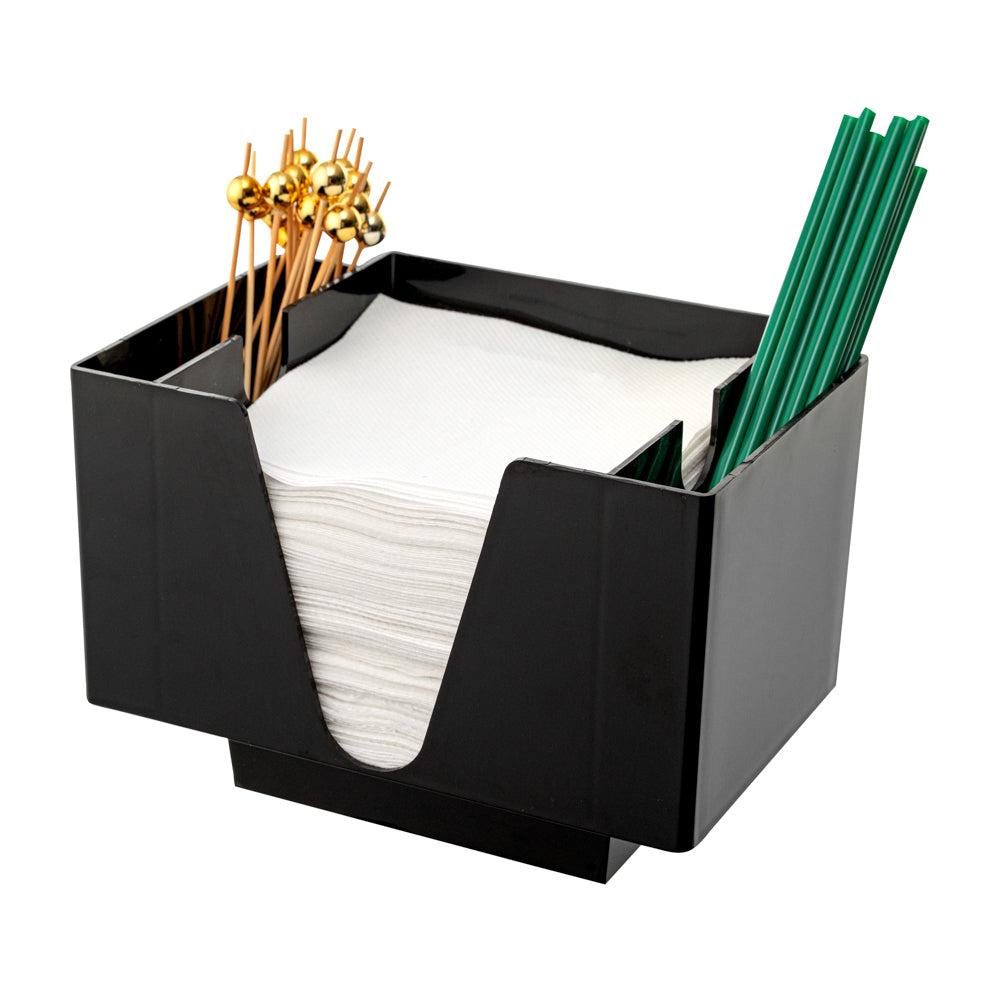 restaurantware Bar Lux Rectangle Black Plastic Condiment Caddy / Napkin Holder - 3 Compartments - 8" x 5 1/2" x 5 3/4" - 10 count box