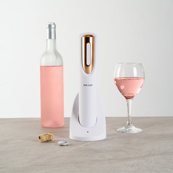 Restaurantware Bar Lux White And Rose Gold Electric Wine Opener - With Charging Base And Wine Foil Cutter - 1 Count Box