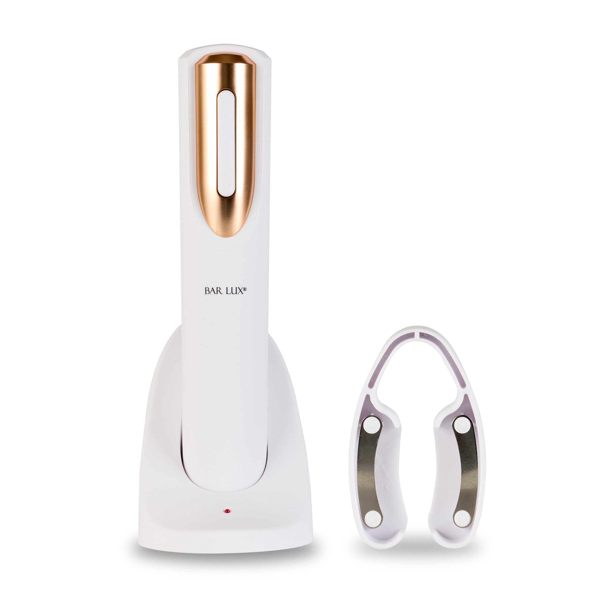 restaurantware Bar Lux White and Rose Gold Electric Wine Opener - with Charging Base and Wine Foil Cutter - 1 count box