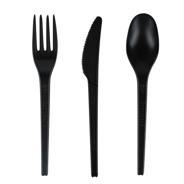 Restaurantware Basic Nature Black CPLA Plastic Cutlery Set - Heat-Resistant Compostable - 6 1/2" - 290 Count Box