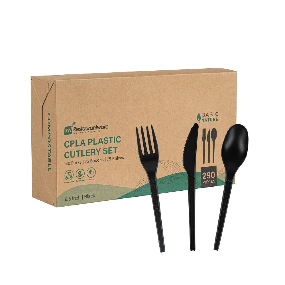 restaurantware Basic Nature Black CPLA Plastic Cutlery Set - Heat-Resistant Compostable - 6 1/2" - 290 count box
