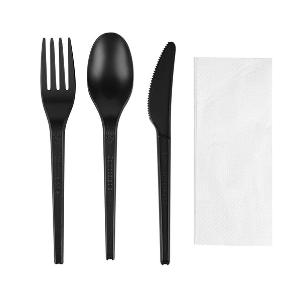 Restaurantware Basic Nature Black CPLA Plastic Cutlery Set - White Napkin Heat-Resistant Compostable - 8 3/4" X 2 3/4" X 3/4" - 100 Count Box