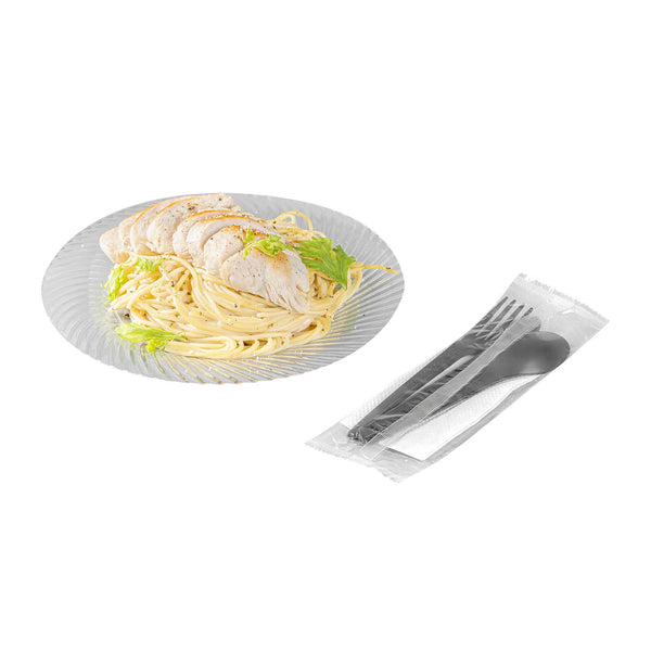 Restaurantware Basic Nature Black CPLA Plastic Cutlery Set - White Napkin Heat-Resistant Compostable - 8 3/4" X 2 3/4" X 3/4" - 100 Count Box