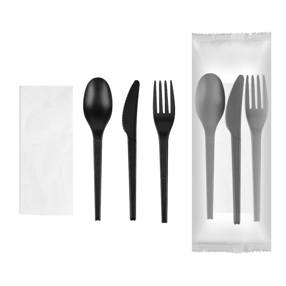 restaurantware Basic Nature Black CPLA Plastic Cutlery Set - White Napkin Heat-Resistant Compostable - 8 3/4" x 2 3/4" x 3/4" - 100 count box