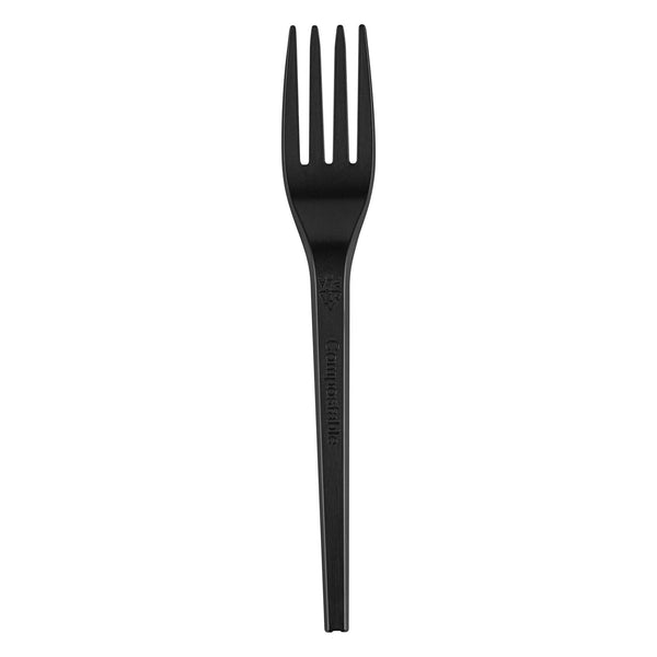 Restaurantware Basic Nature Black CPLA Plastic Fork - Heat-Resistant Compostable - 6 1/2" X 1" X 1/2" - 250 Count Box