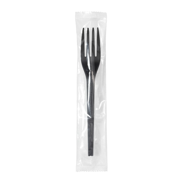 Restaurantware Basic Nature Black CPLA Plastic Fork - Wrapped Heat-Resistant Compostable - 6 1/2" - 250 Count Box