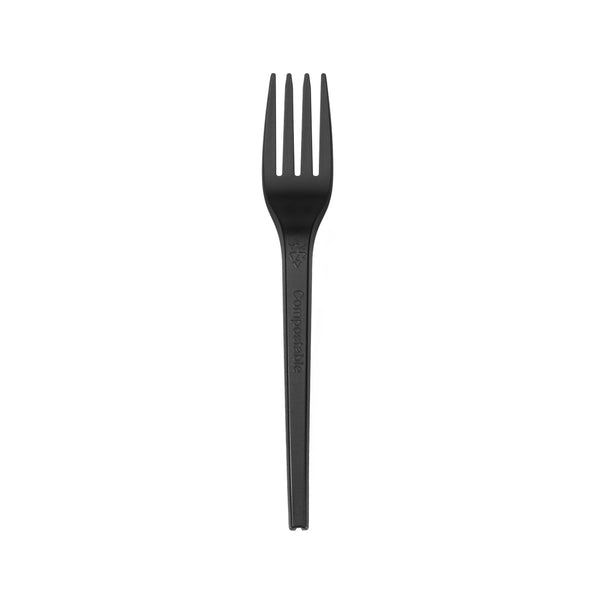 Restaurantware Basic Nature Black CPLA Plastic Fork - Wrapped Heat-Resistant Compostable - 6 1/2" - 250 Count Box