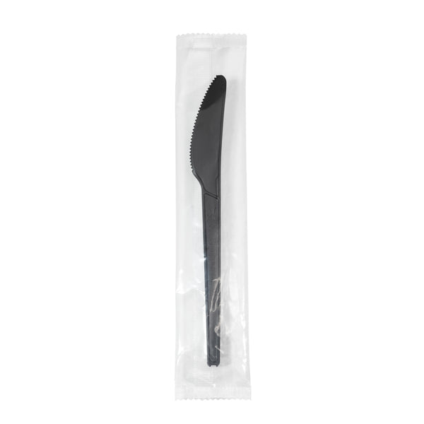 Restaurantware Basic Nature Black CPLA Plastic Knife - Wrapped Heat-Resistant Compostable - 6 1/2" - 250 Count Box