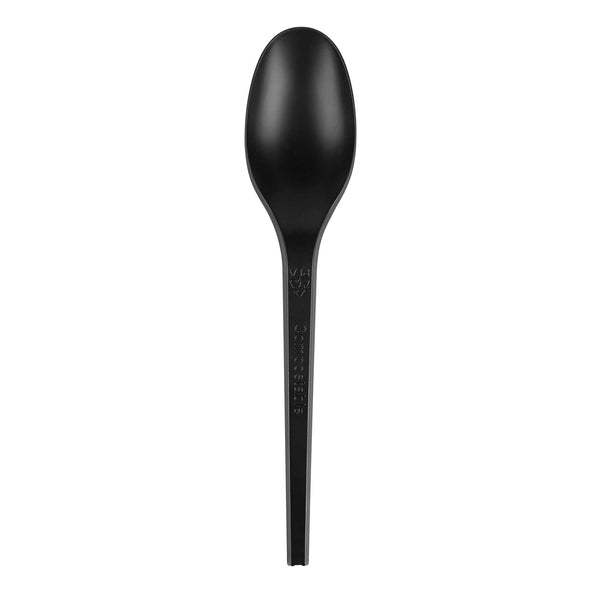Restaurantware Basic Nature Black CPLA Plastic Spoon - Heat-Resistant Compostable - 6 1/2" X 1 1/4" X 1/2" - 250 Count Box