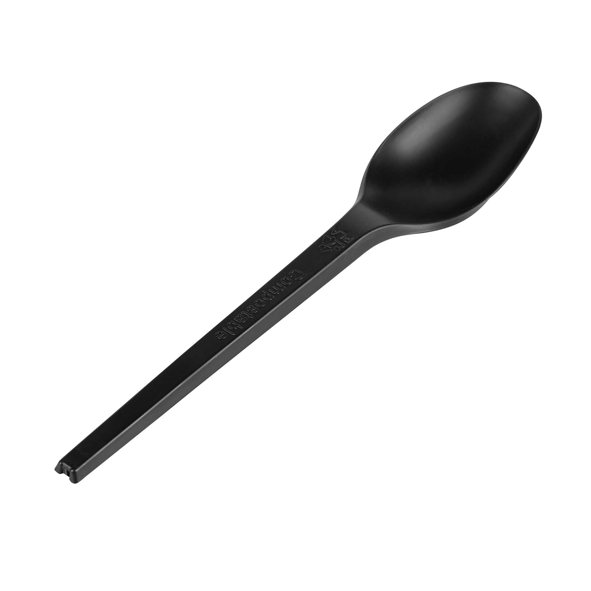 restaurantware Basic Nature Black CPLA Plastic Spoon - Heat-Resistant Compostable - 6 1/2" x 1 1/4" x 1/2" - 250 count box