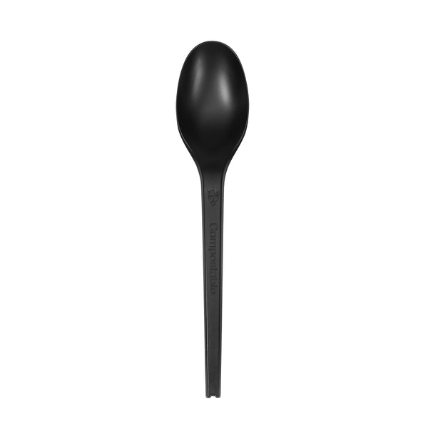 Restaurantware Basic Nature Black CPLA Plastic Spoon - Wrapped Heat-Resistant Compostable - 6 1/2" - 250 Count Box