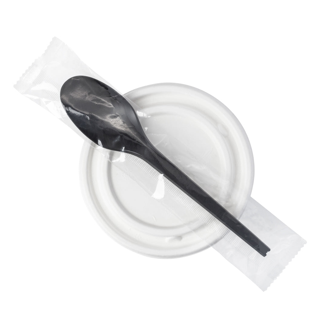 restaurantware Basic Nature Black CPLA Plastic Spoon - Wrapped Heat-Resistant Compostable - 6 1/2" - 250 count box
