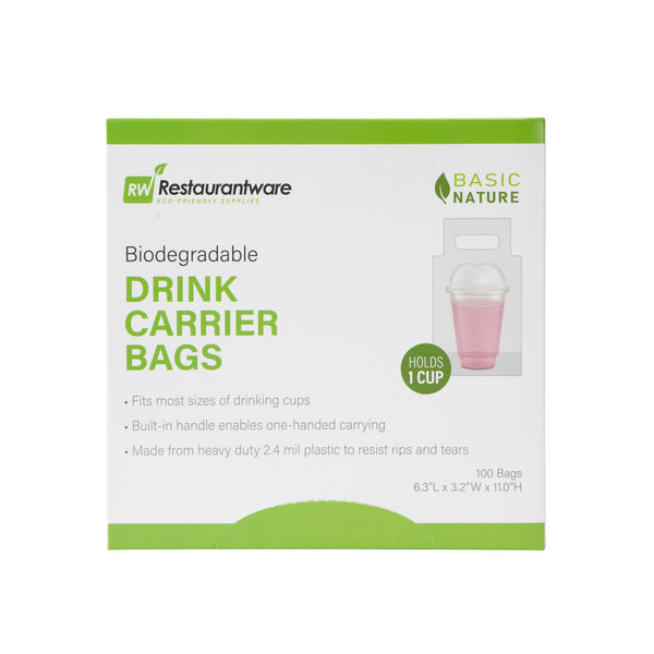 Restaurantware Basic Nature Clear Plastic Drink Carrier Bag - Fits 1 Cup Biodegradable - 6 1/4" X 3 1/4" X 11" - 100 Count Box
