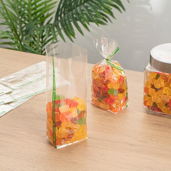 Restaurantware Basic Nature Clear Plastic Gusset Bag - Compostable Paper Insert Heat Sealable - 3" X 2" X 8" - 100 Count Box