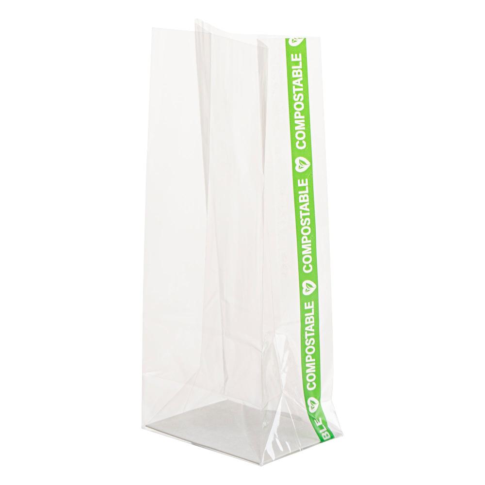 restaurantware Basic Nature Clear Plastic Gusset Bag - Compostable Paper Insert Heat Sealable - 2" x 1 1/2" x 5" - 100 count box