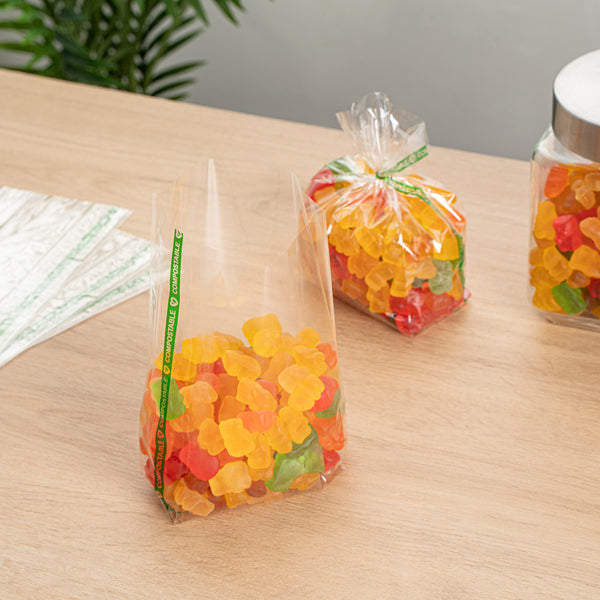 Restaurantware Basic Nature Clear Plastic Gusset Bag - Compostable High Clarity Heat Sealable - 4" X 2 1/4" X 8" - 100 Count Box