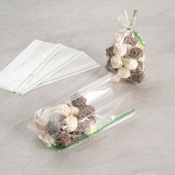 Restaurantware Basic Nature Clear Plastic Gusset Bag - Compostable High Clarity Heat Sealable - 3 1/2" X 2 1/4" X 9 3/4" - 100 Count Box