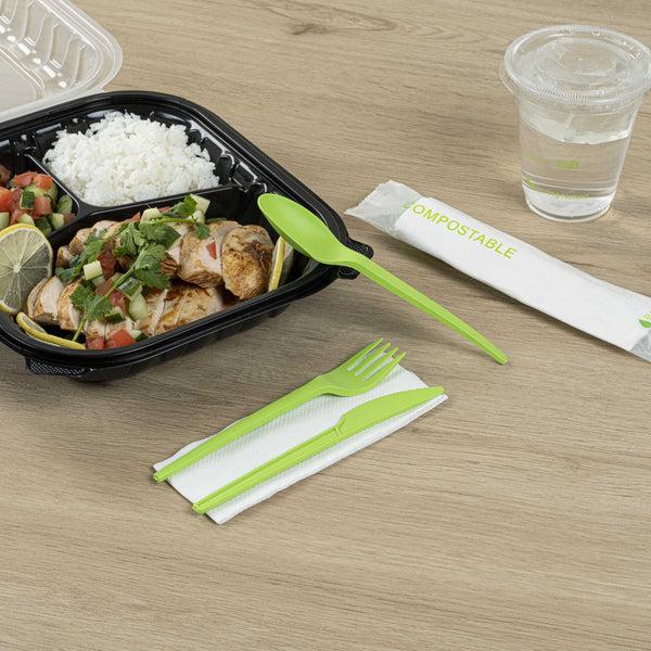Restaurantware Basic Nature Green CPLA Plastic Cutlery Set - Compostable Wrapper White Napkin Heat-Resistant - 6 1/2" - 100 Count Box