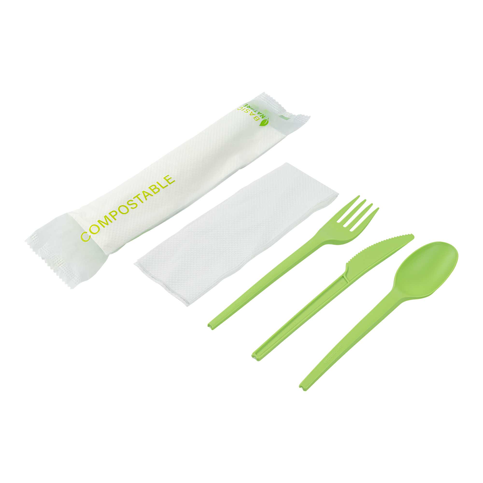 restaurantware Basic Nature Green CPLA Plastic Cutlery Set - Compostable Wrapper White Napkin Heat-Resistant - 6 1/2" - 100 count box