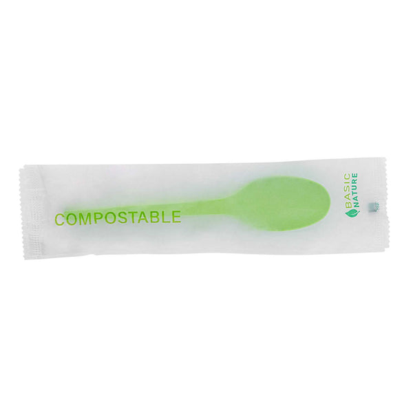 Restaurantware Basic Nature Green CPLA Plastic Spoon - Compostable Wrapper Heat-Resistant - 6 1/2" - 250 Count Box