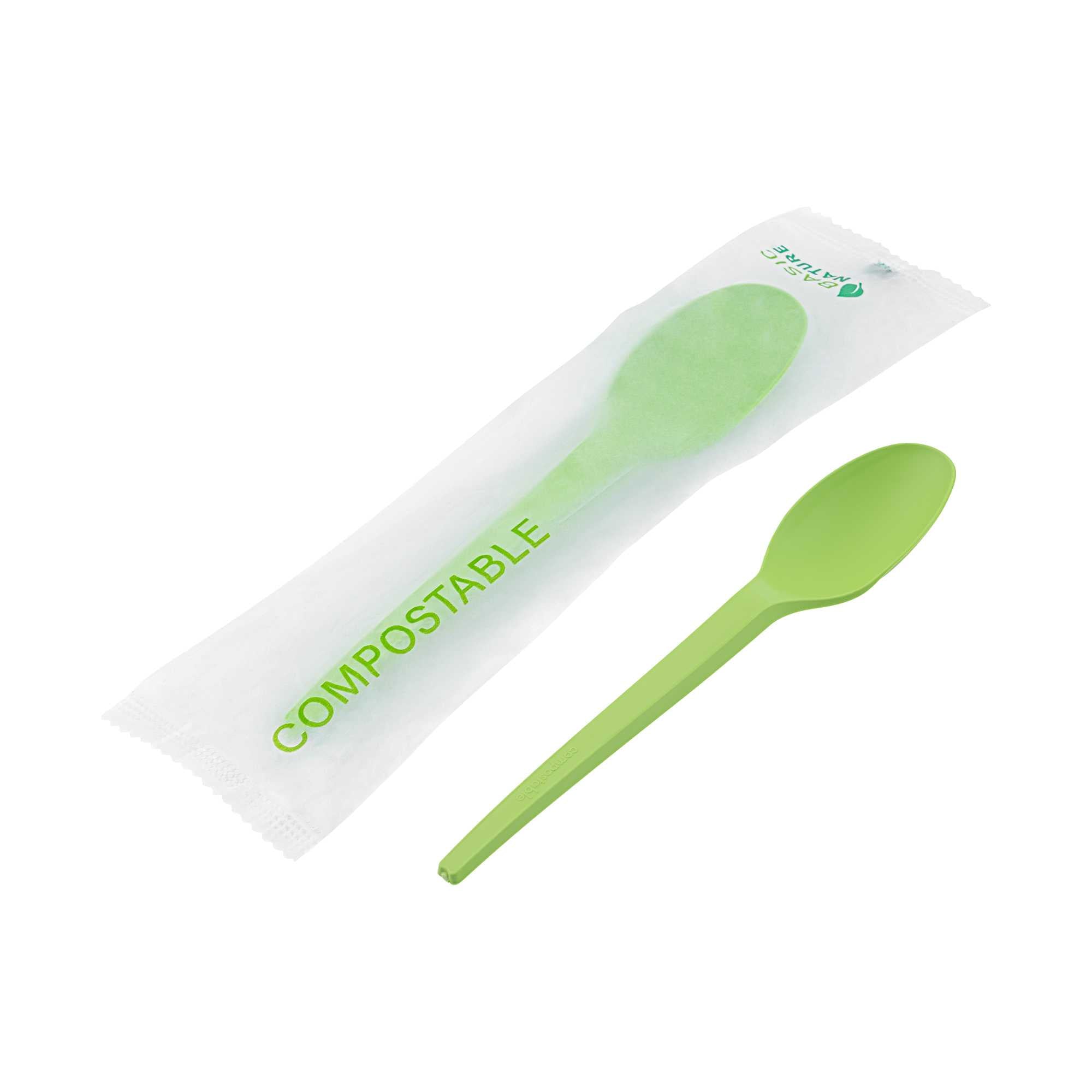 restaurantware Basic Nature Green CPLA Plastic Spoon - Compostable Wrapper Heat-Resistant - 6 1/2" - 250 count box