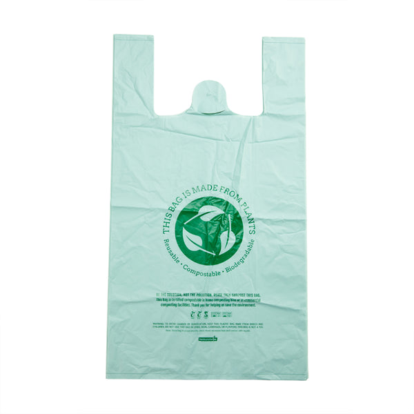 Restaurantware Basic Nature Green Plastic T-Shirt Bag - 1/6 Size Compostable - 12" X 6 1/2" X 22" - 500 Count Box