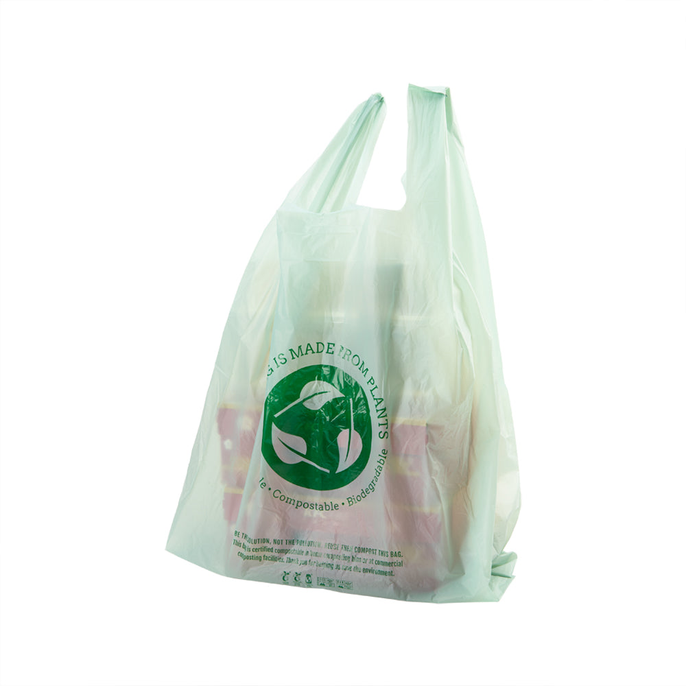 restaurantware Basic Nature Green Plastic T-Shirt Bag - 1/6 Size Compostable - 12" x 6 1/2" x 22" - 500 count box