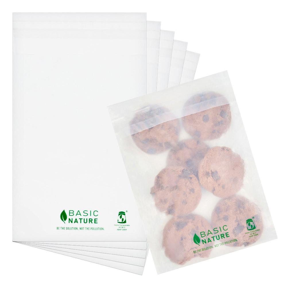 restaurantware Basic Nature Translucent PLA Plastic / PBAT Lip and Tape Bag - Self-Sealing Compostable - 7" x 5" - 100 count box