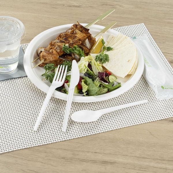 Restaurantware Basic Nature White CPLA Plastic Cutlery Set - Compostable Wrapper Heat-Resistant - 6 1/2" - 100 Count Box