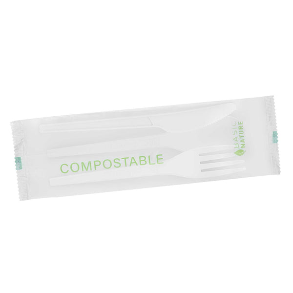 Restaurantware Basic Nature White CPLA Plastic Cutlery Set - Compostable Wrapper Heat-Resistant - 6 1/2" - 100 Count Box