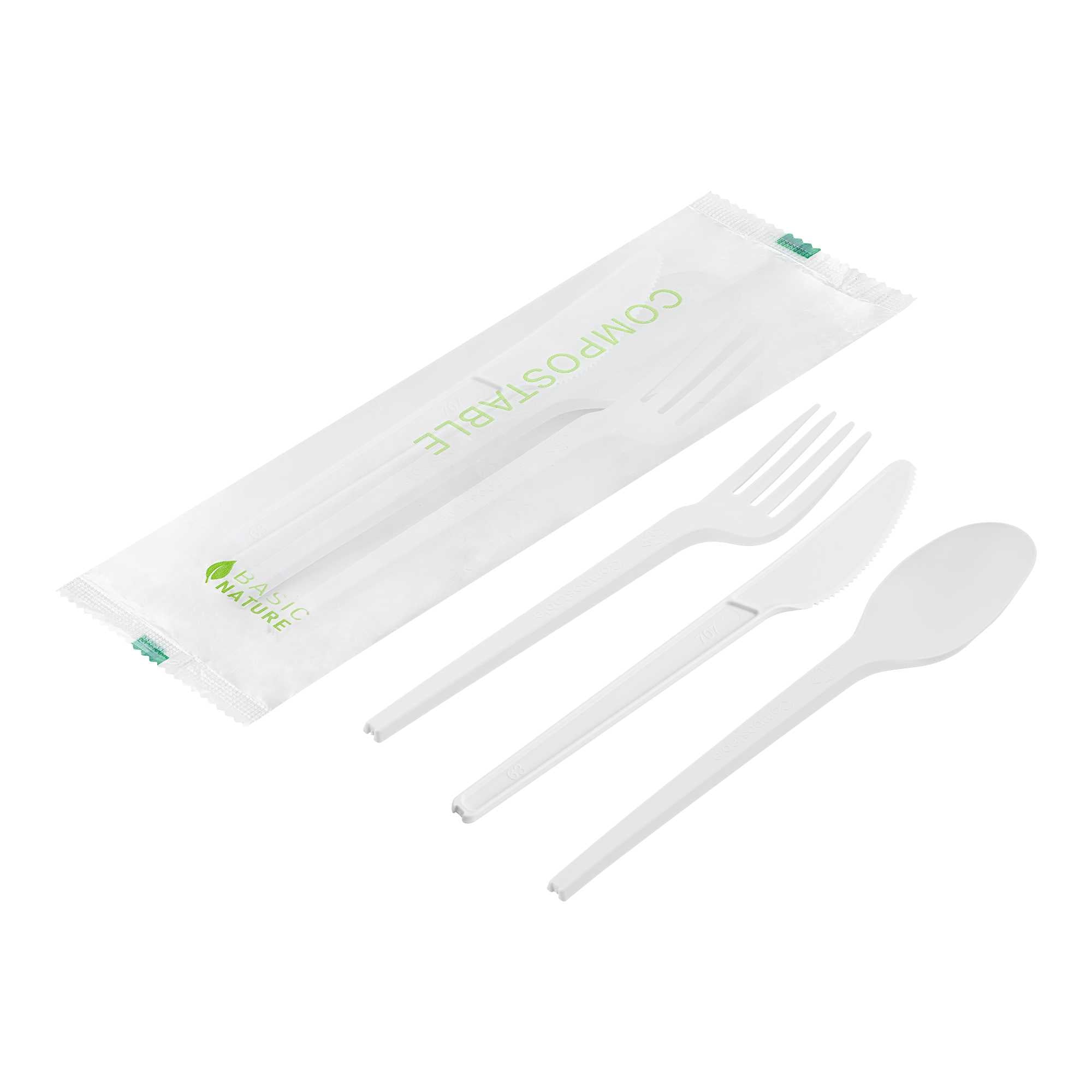 restaurantware Basic Nature White CPLA Plastic Cutlery Set - Compostable Wrapper Heat-Resistant - 6 1/2" - 100 count box