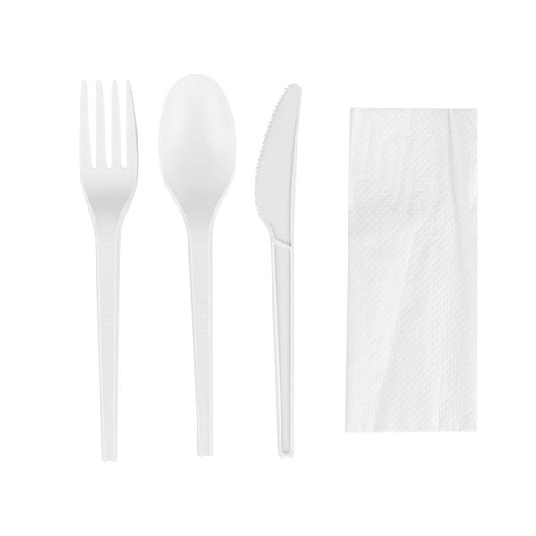 Restaurantware Basic Nature White CPLA Plastic Cutlery Set - White Napkin Heat-Resistant Compostable - 8 3/4" X 2 3/4" X 3/4" - 100 Count Box