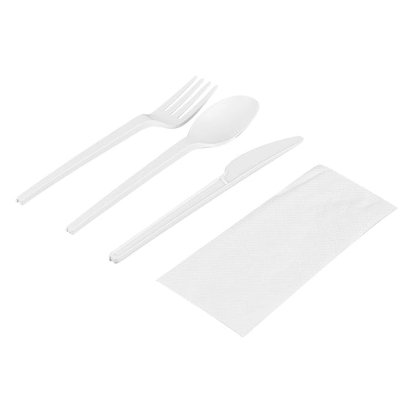 Restaurantware Basic Nature White CPLA Plastic Cutlery Set - White Napkin Heat-Resistant Compostable - 8 3/4" X 2 3/4" X 3/4" - 100 Count Box